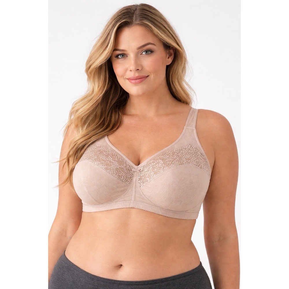 Glamorise Wirefree‎ Lace Support Bra Womens 46F Beige Nude Full Coverage